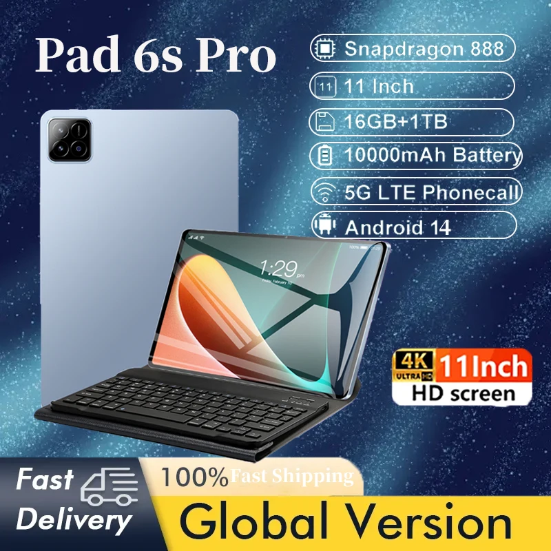 2025 5G Tablet PC Android 14.0 New Pad 6s Pro 11.0 inch 16GB RAM 1TB ROM Tablets 16M 32MP 20000mAh 10Core WIFI Bluetooth Network