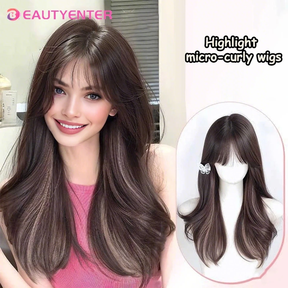 

Beauty Synthetic Wig Female Long Curly Hair Paris Painting Dyed Full Head Pink Highlights Black Tea Micro Volume Lolita Fashion