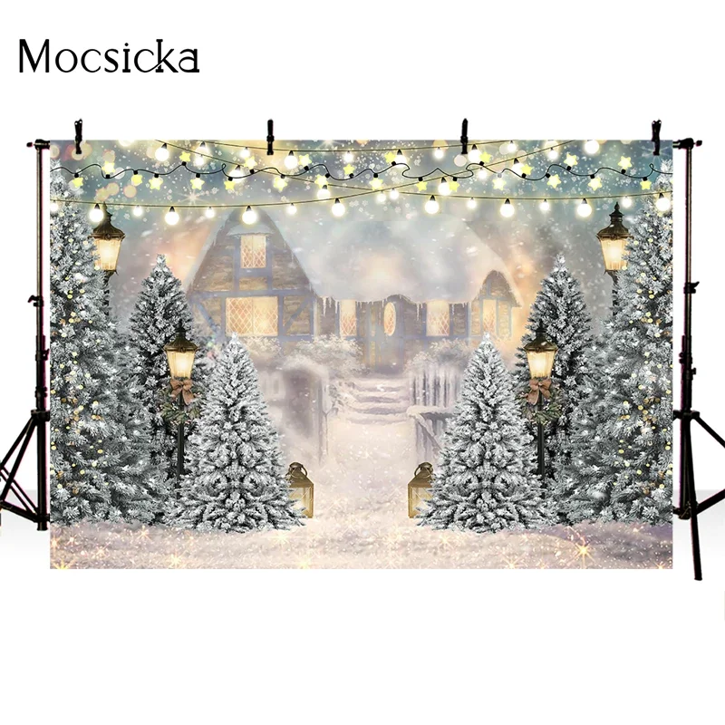 Mocsicka Christmas Tree Background Photography Winter Forest Snow Fence Decoration Child Portrait Photo Backdrops Outdoor Studio