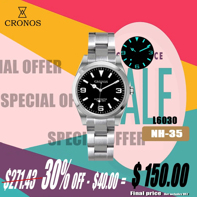 Cronos EX Diver Mechanical Men Watch 39mm NH35 Automatic Sapphire Glass Bushed Bracelet 10ATM Glideclasp L6030