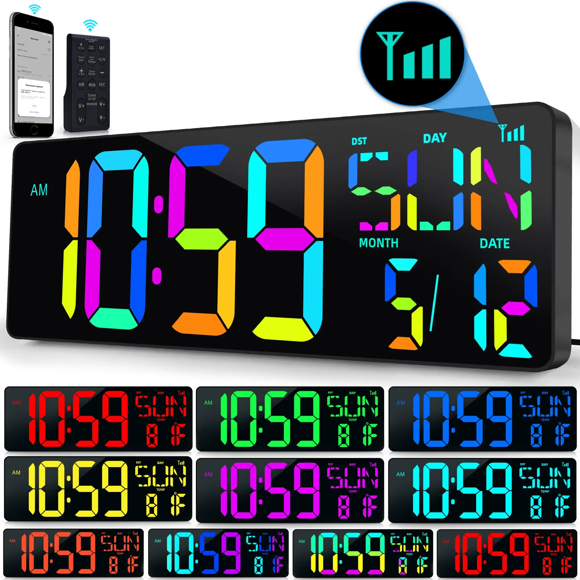 17,2 cala/43 cm Duży cyfrowy zegar ścienny Temperatura Data Duży ekran Wyświetlacz Bluetooth RGB Kolorowe zegary elektroniczne z pilotem