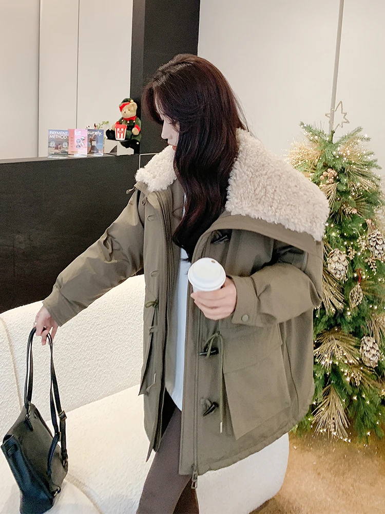 

Parkas Vintage Womens Autumn Diagonal Fur-Collar Wool-Feel Leopard Filling High-Low Dyed Fashionable Commuting Detachable-Sleeve