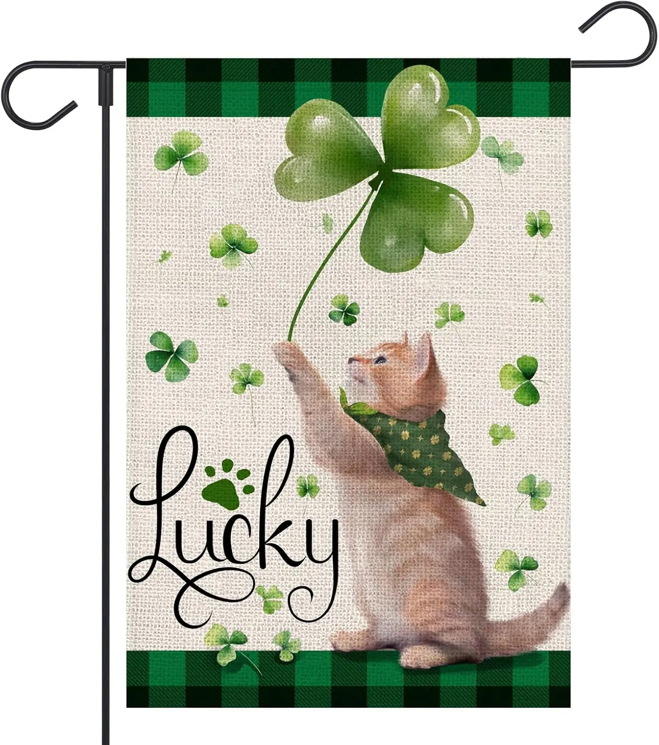 St Patricks Day Cat Garden Flag 12x18 Inch Double Sided for Outside Small Burlap Flag Buffalo Plaid Shamrocks Lucky Clovers  EEZ