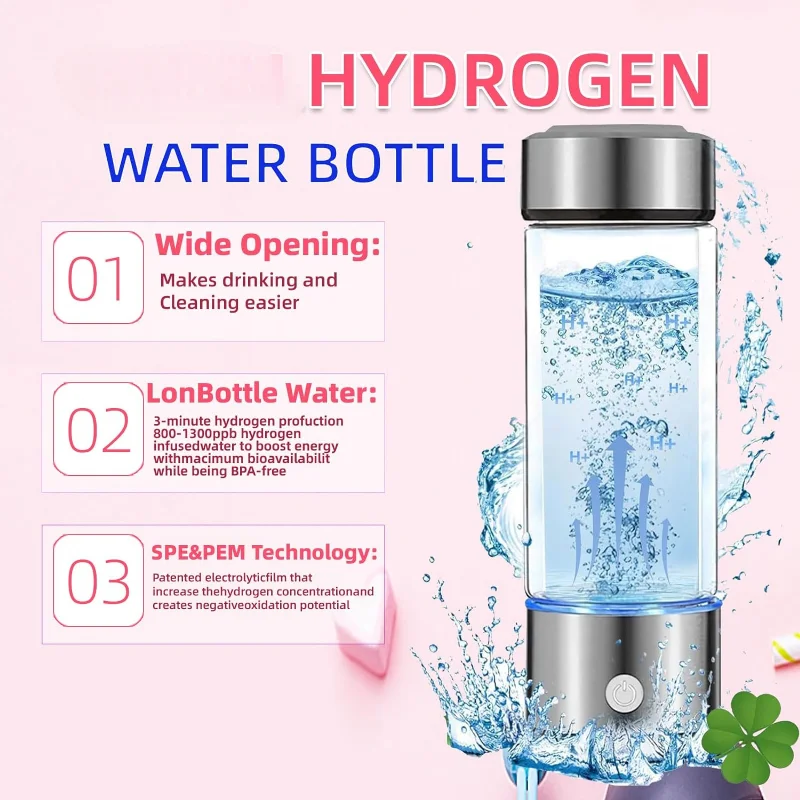 Ioniseur en verre hydrogène portable, bouteille d'eau, générateur, aste, tasse de santé, machine, cadeau, 450ml