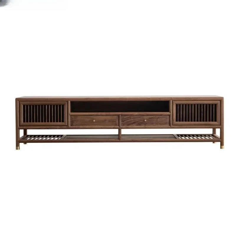 Lemari TV kayu solid baru bergaya Zen dari kayu walnut hitam modern sederhana kombinasi lemari lantai.