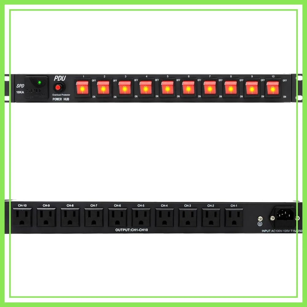 

10 Outlet 1U Horizontal PDU Rackmount Power Strip Surge Protector 15A 3600 Joules 100-240V LED Switches 6ft Cord