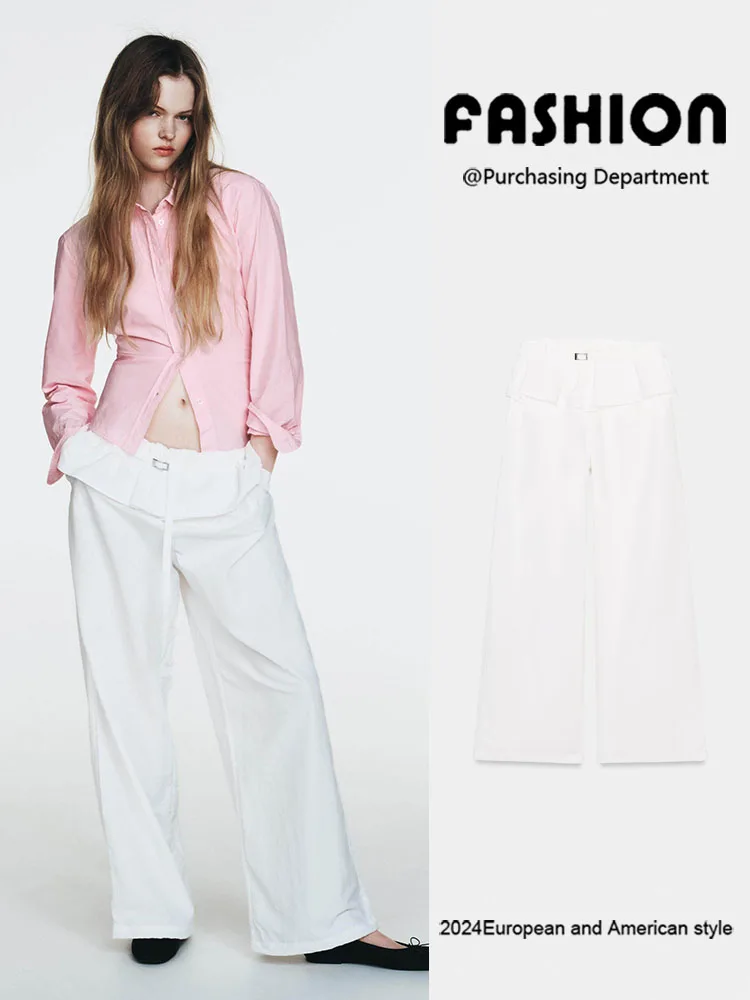 

Новинка весенней коллекции: женские брюки с высокой талией и широкими штанинами, с дизайном перекрестного пояса, простые, универсальные, длинные брюки.