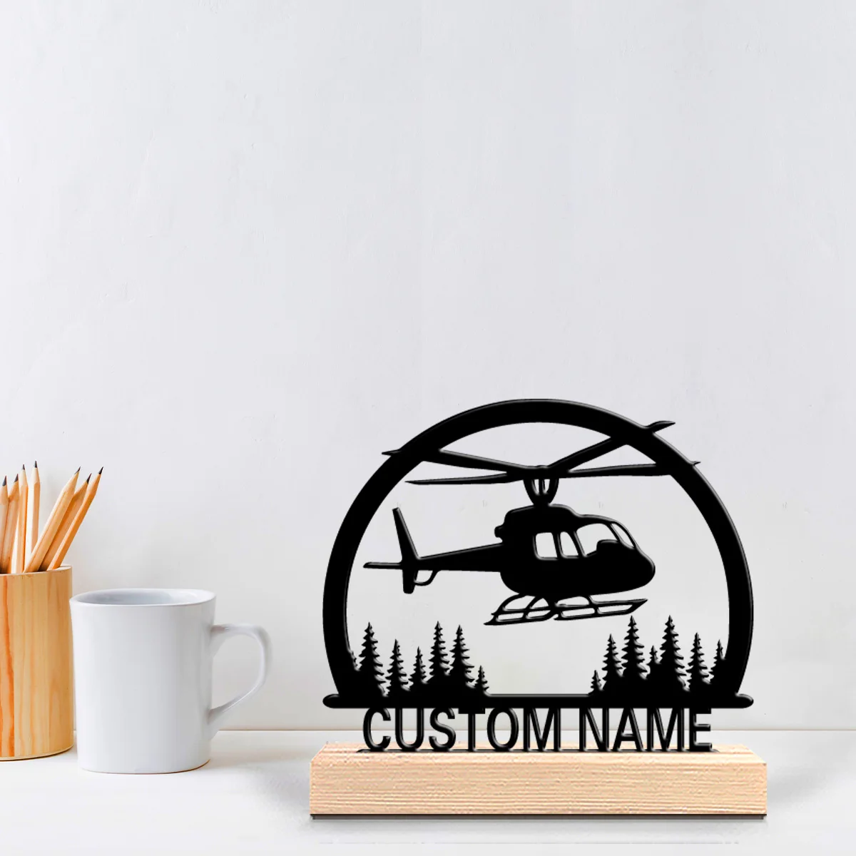 1pc Fashion helicopter Personalized Letter Metal Statue Iron Ornament Handicraft With Wood Base Metal Statue For Home Desk Decor
