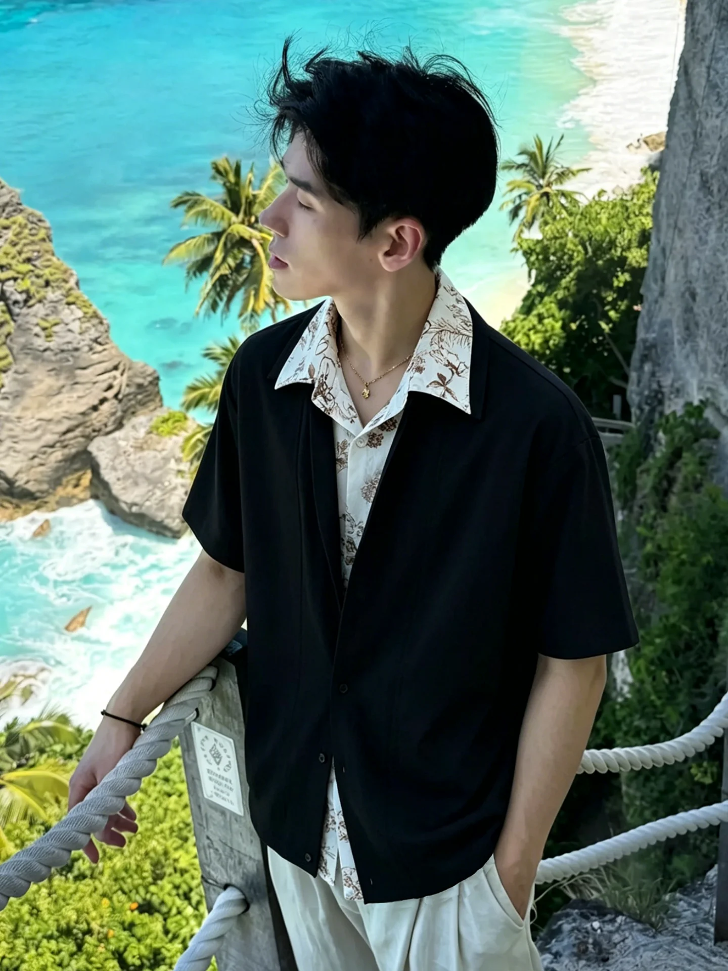 

Loose Fit Ice Silk Short Sleeve Men's Shirt Black Summer Beach Vacation Casual Style Polyester Lycra Blend Comfortable Breath...