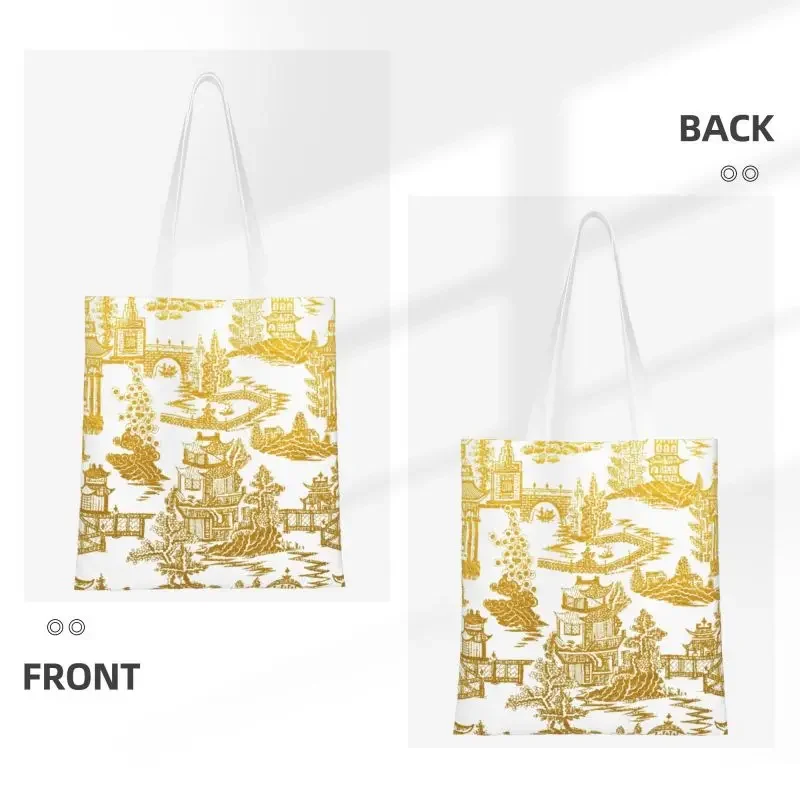 Golden Pagoda Chinoiserie Grocery Tote Shopping Bags Women Vintage Oriental Willow Pattern Canvas Shopper Shoulder Bag Handbag