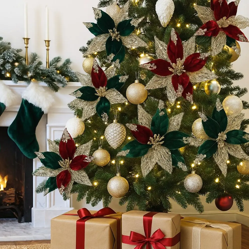 

29cm Artificial Christmas Flower Flocking Velvet Christmas Poinsettia Realistic Simulation Christmas Tree Wreath Christmas Tree