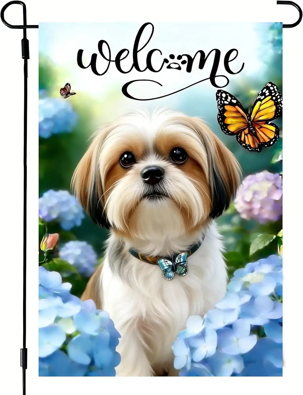 Spring Summer Shih Tzu Hydrangea Floral Garden Flag 12x18 Double Sided, Small Burlap Farmhouse Flowers Dog Welcome Garden Fl ZZM