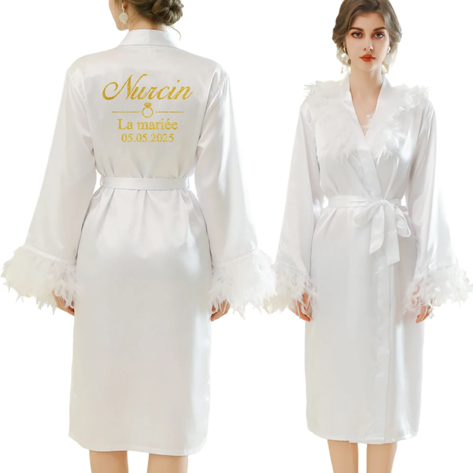 Personalized Name Date Logo Elegant Wedding Feather Robe Set Bride Bathrobe Nightwear Birthday Brial  Party  Gift