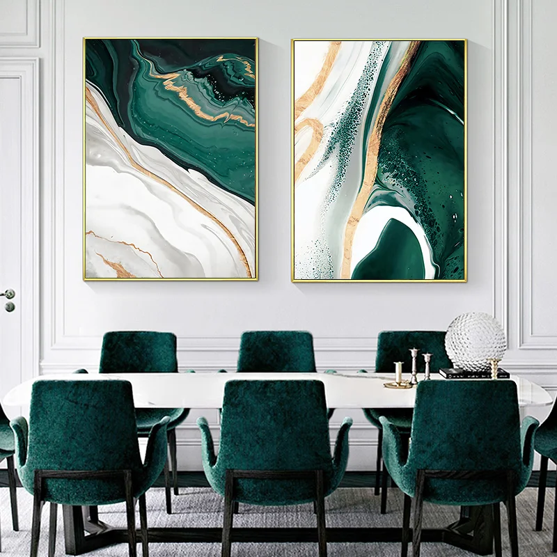 1pc frameless,Modern Marble Abstract Green Lines Gold Foil Light Luxury Nordic Wall Art Canvas Painting Posters Picture Living R view 3