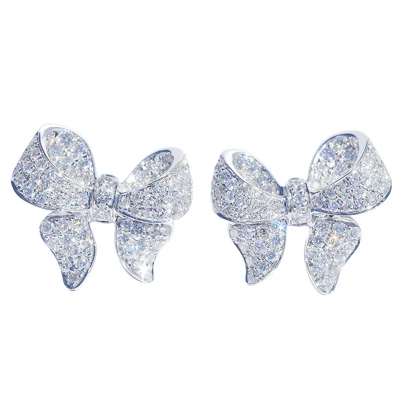 Romantic Bowknot Women Stud Earrings Full Paved Shiny Crystal Zircon Delicate Girl Accessories Fashion Earrings Jewelry