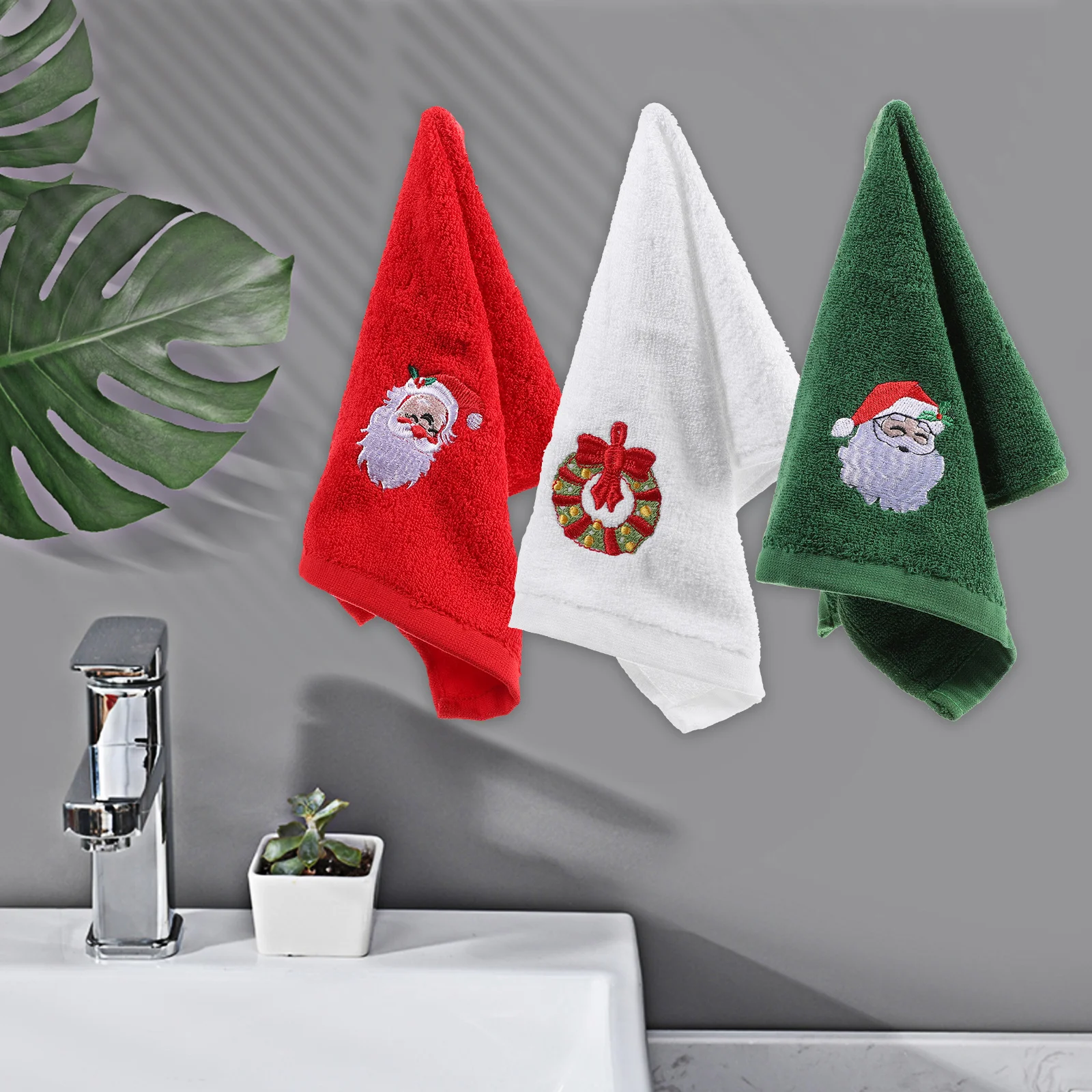 

3Pcs Christmas Embroidered Cotton Face Washing Towels Soft Breathable Xmas Bath Towels Holiday Gift Cotton Towel
