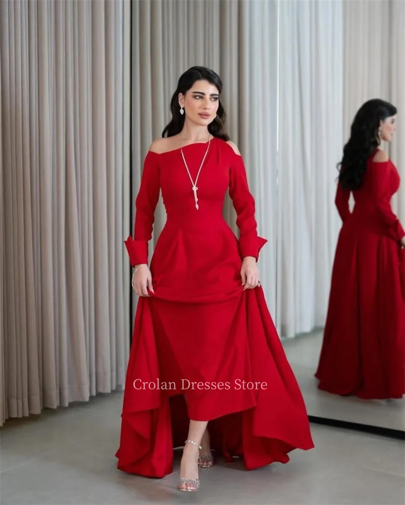 

Red High Quality Evening Dresses Off the Shoulder Hollowed Long Sleeve A-line Ruffles Floor-Length Saudi Arabia Engagement Dress