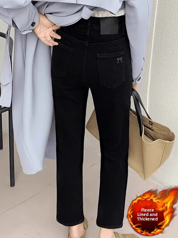 

High Waist Fce Lined Straight Leg Jeans Women's plus Size Bootcut Ankle Length Slimming Bla Denim Pants Winter
