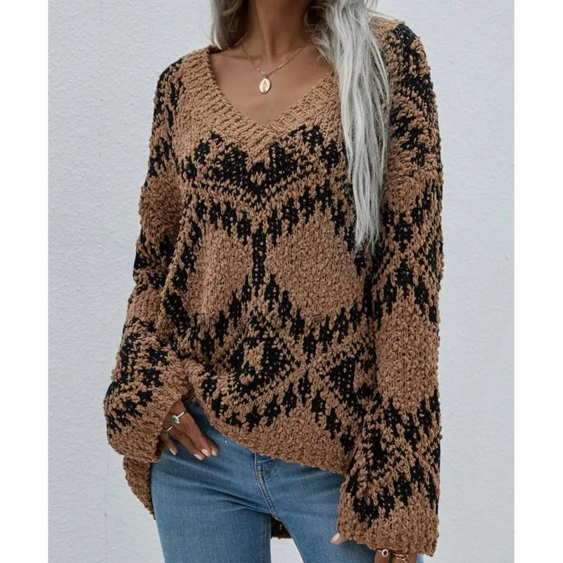 Otoño Invierno nuevo suéter de punto estampado mujer moda cuello pico suelto manga larga suéter temperamento señoras prendas de punto Tops