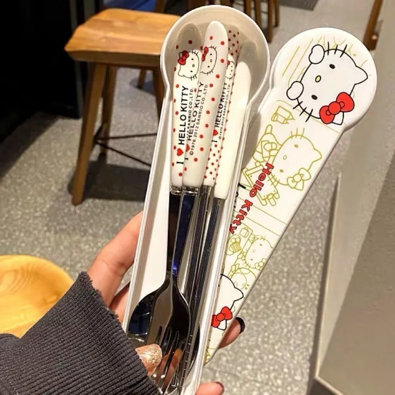 

Sanrio Hello Kitty Cutlery Set Anime Cute Kawaii Spoon Fork 3 Piece Set Outdoor Travel Portable Kids Stainless Steel Tableware