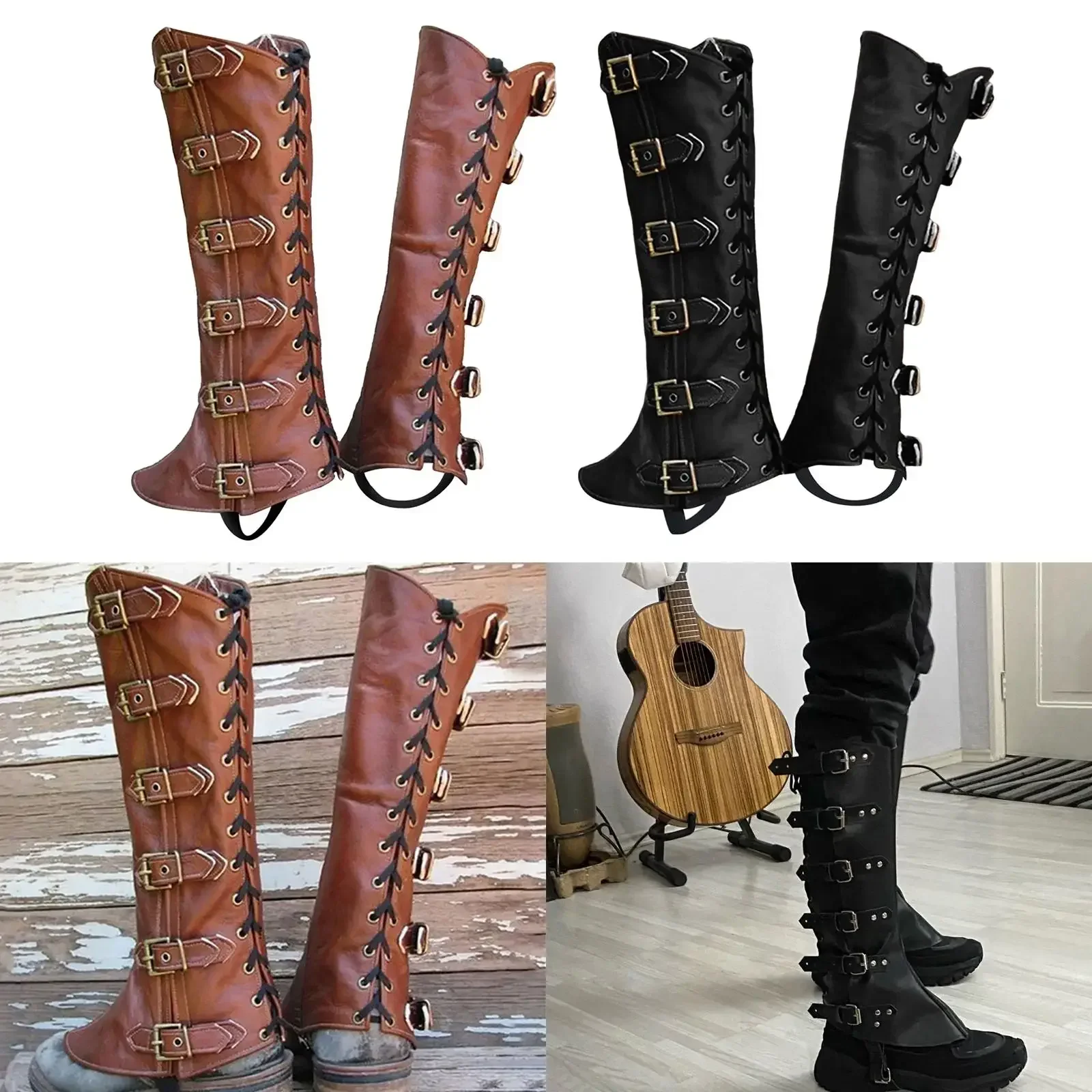 PU Leg Guard Shoe Steampunk Warrior Medieval Gothic Shoe Cover for Masquerade Knights Costume Accessory Cosplay Props Women Men