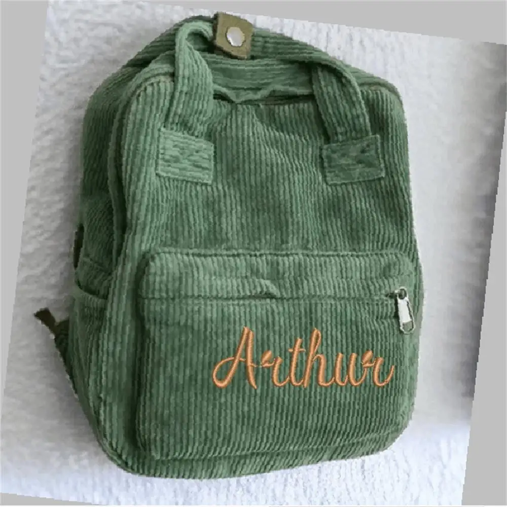 Corduroy Embroidered Name Backpack For Female High School Students Retro Backpack, Simple And Aashionable Portable Backpack