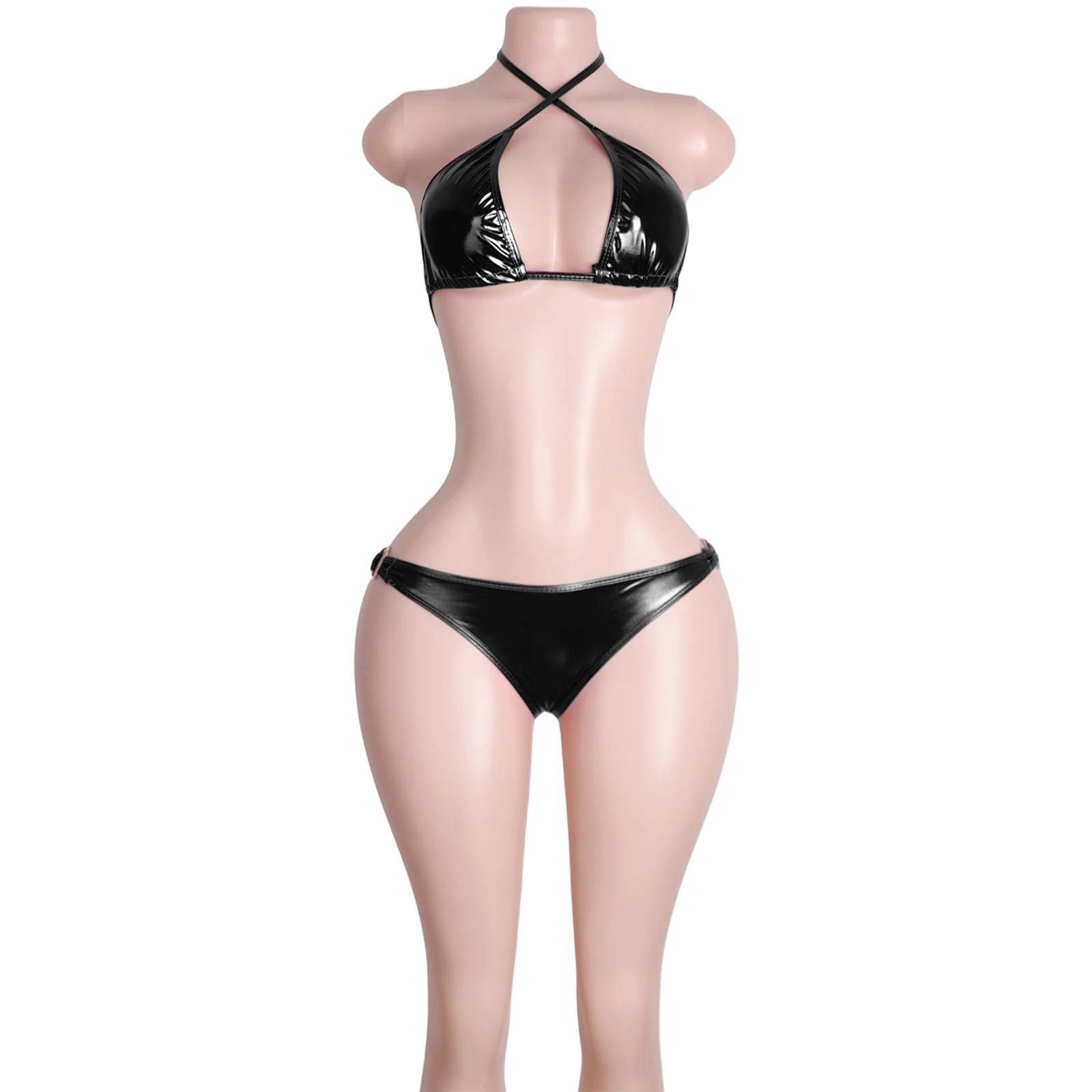 Custom Exotic Dancewear Two-Piece Patent Leather Lace-Up Bra Inserts Fashionable Shiny Performance Wear Trendy Stage