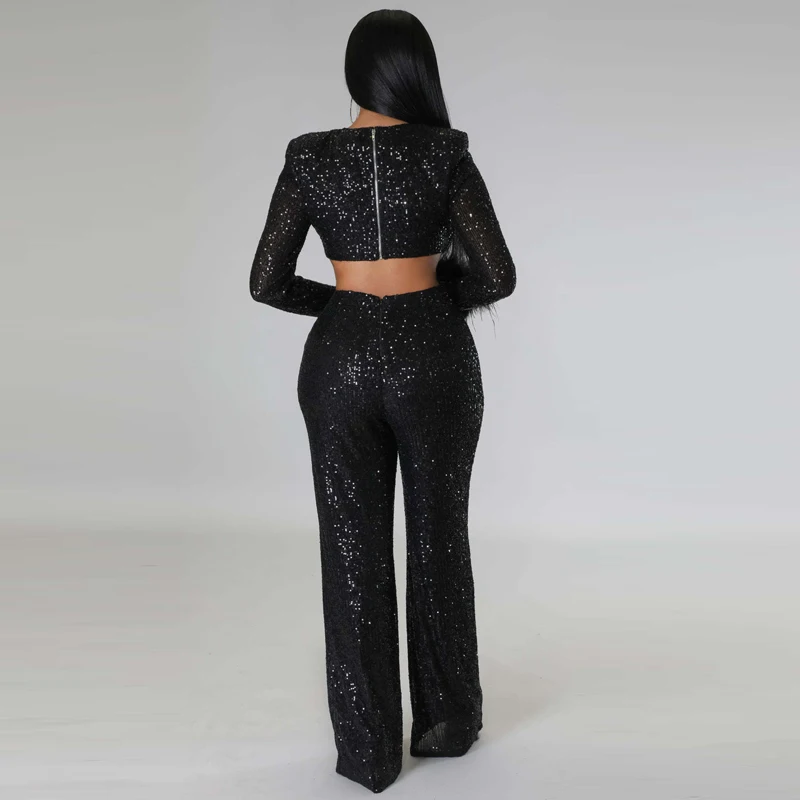 Ladies Sexy and Fashionable Long Sleeved Sequin Feather Wide Leg Pants With Hollow Out Slim Fit Socialite Party Club Jumpsuit