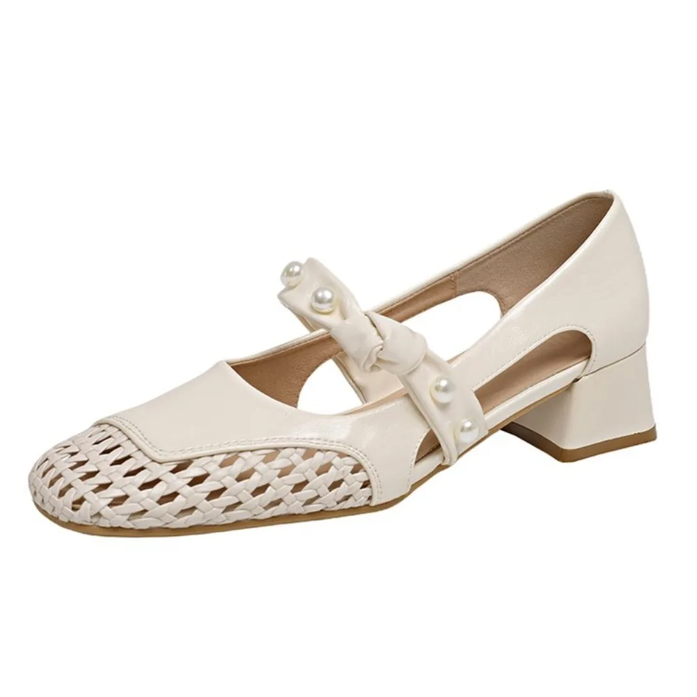French Woven Hollow Breathable Mary Jane Sandals for Women 2026 Summer New Pearl Thick Heel Versatile Shoes