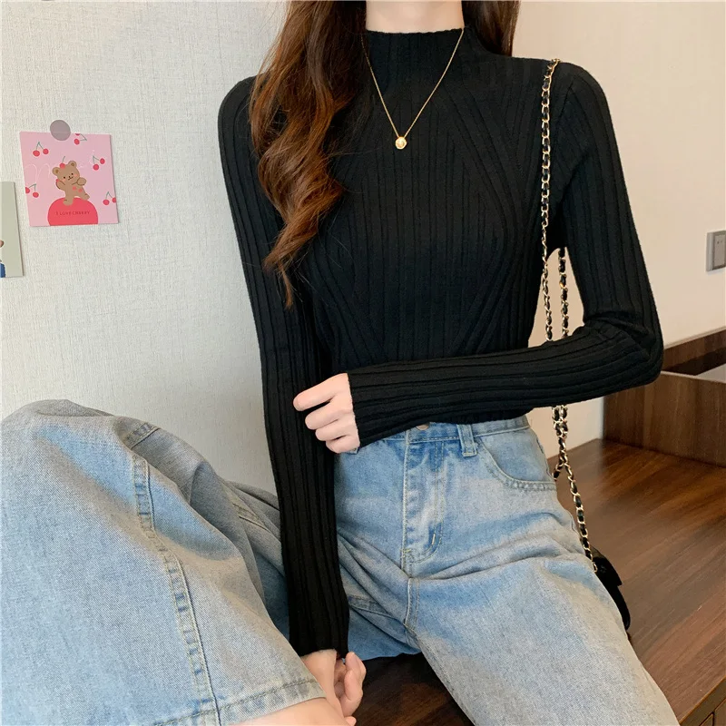 Knitted Sweaters Women Ribbed Pullover Half Turtleneck Jumper Sweater Autumn Winter Slim Chic Streetwear Long Sleeve Y2K Top