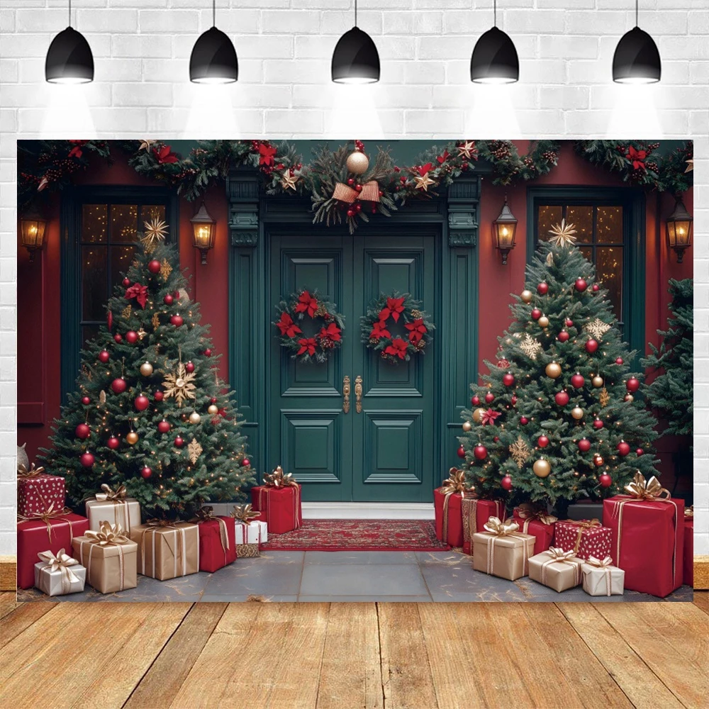 Merry Christmas Backdrop Photography Green Wall Xmas Tree Gifts Bell Baby Photo Photographic Family Party Decor Background Props