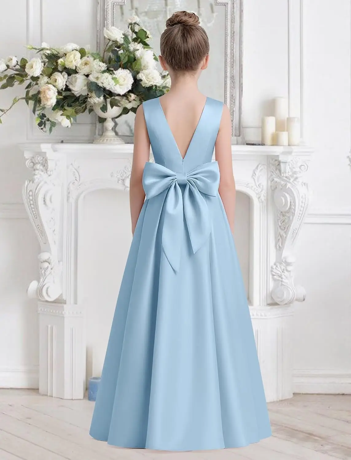 새틴 플라워 걸 드레스 백리스 보우 프린세스 볼 가운 주니어 브라이드메이드 첫 영성체 드레스 소녀용