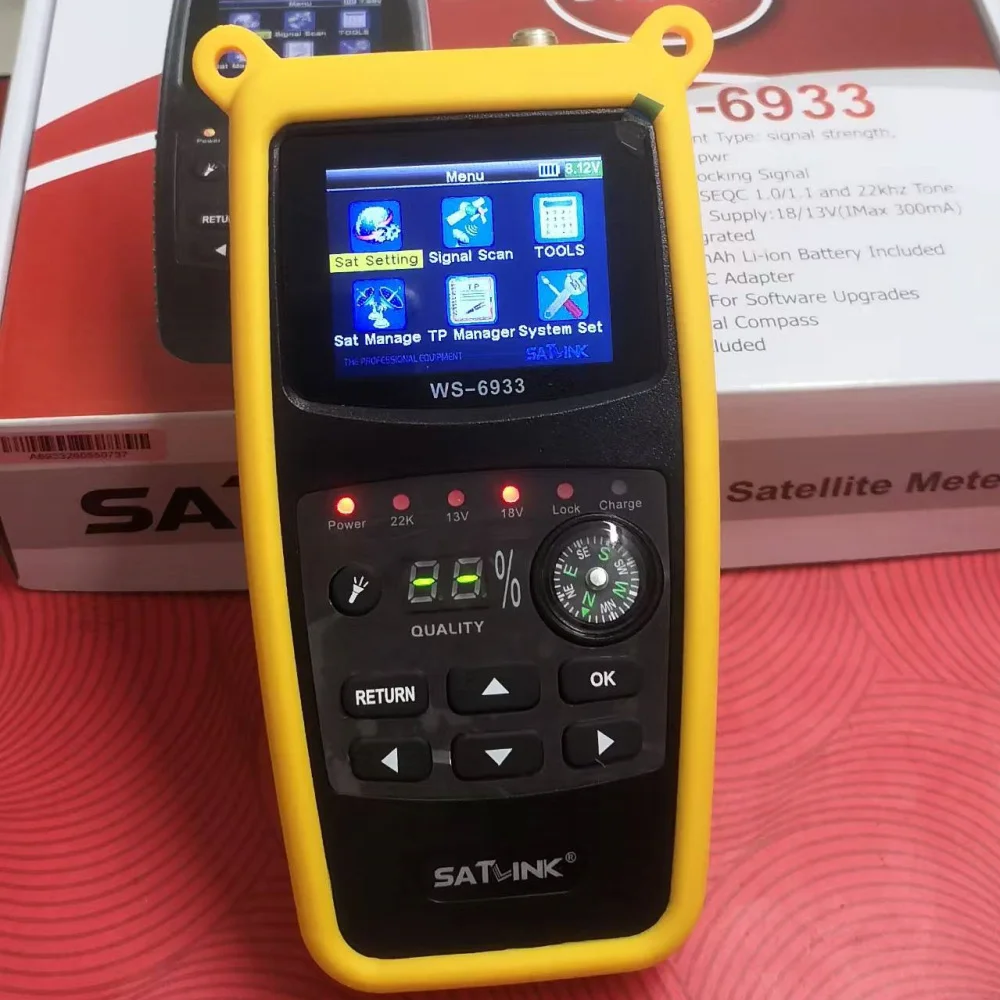 

Сателлитный искатель Satlink WS-6933 с батареей, компасом, фонариком и полным набором аксессуаров для измерения сигнала.