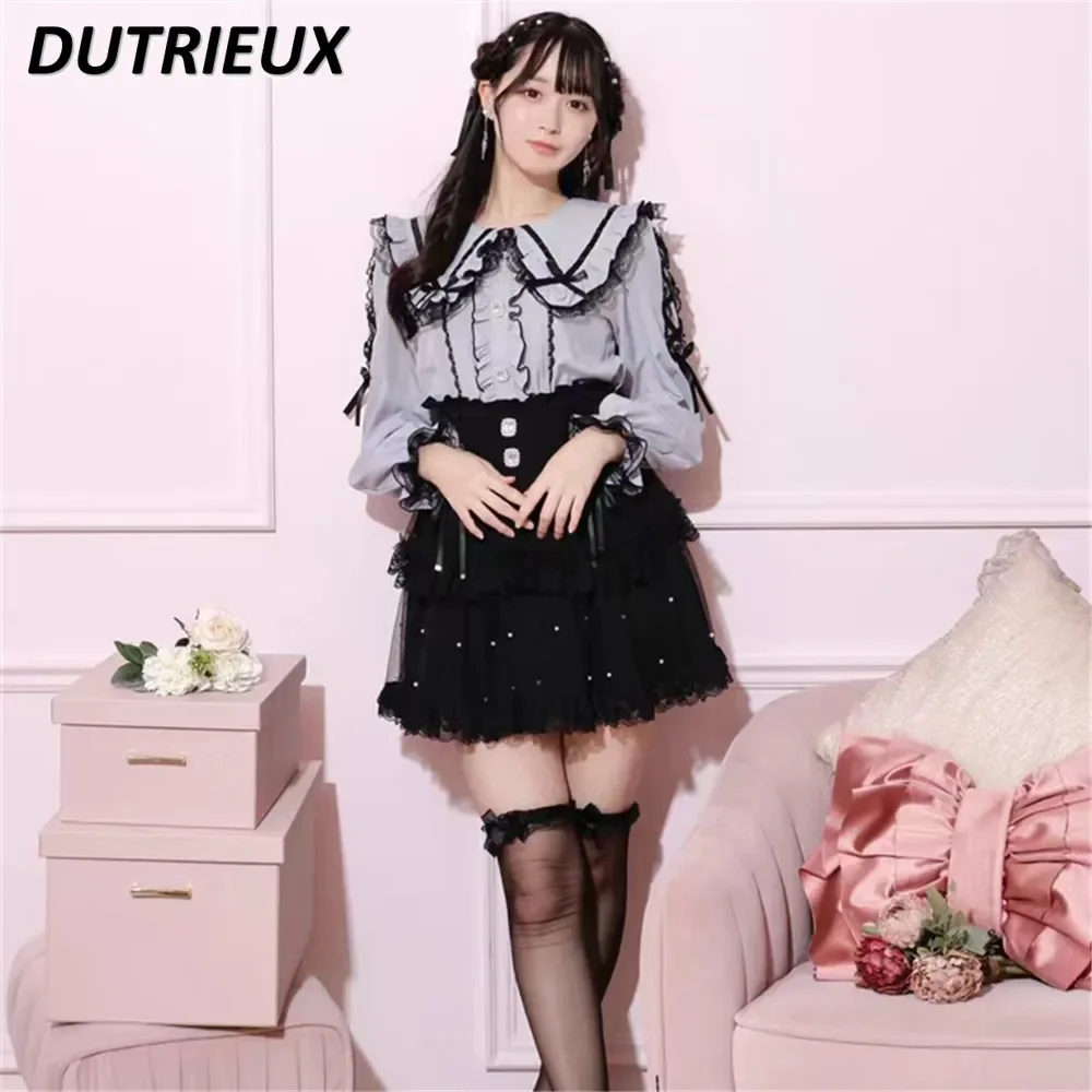 Japanese Style Original New Blouse Sweet Mine Lace Long-sleeved Top Cute Girl Versatile Doll Collar Single-breasted Shirt