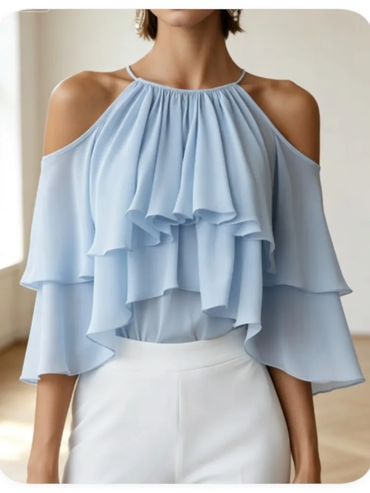 Elegant Women Chiffon Halter Neck Top Cold Shoulder Tiered Ruffle Flared 3/4 Sleeve Loose Fit Blouse For Party Daily Wear Shirts
