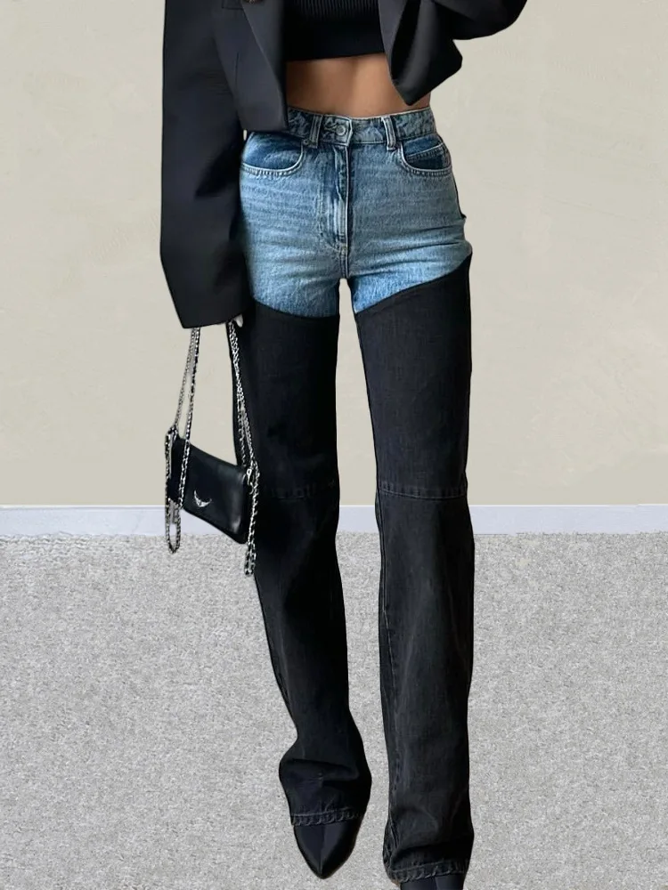 

Джинсы-стрейч в стиле Y2K 2000-х годов, синие с черными вставками, облегающие, для женщин, повседневные, джинсовые брюки, Ropa Mujer