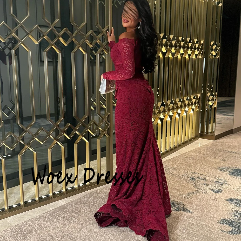 Vestido de noite personalizado com decote em barco, camisa borgonha, renda, mangas compridas, trem de varredura, vestido de festa, sereia, mangas compridas, vestido de festa