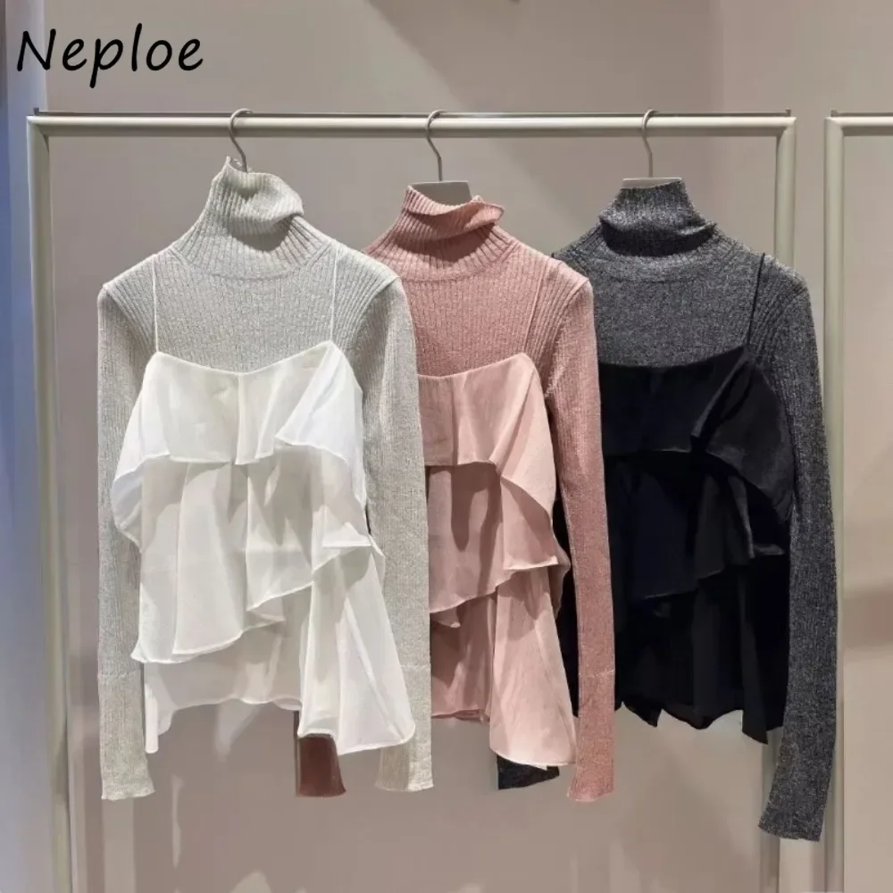 Neploe Women Sweet Voile Ruffles Suit Camis Solid Turtleneck Long Sleeve Slim Pullover Japan New Moda Sets Casual Pull Femme