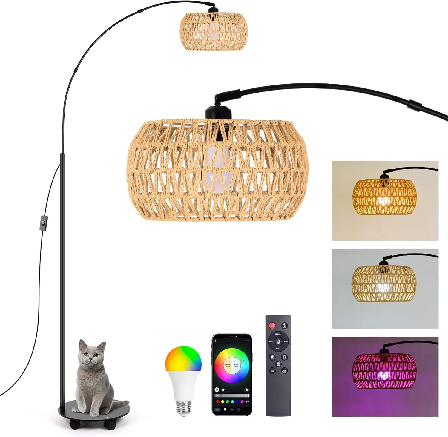 Rgb Arc Floor Lamp With 3 Color Temperatures, Dimmable Rattan Boho Standing Lamp, App And Remote Control, Modern Tall Lamp For