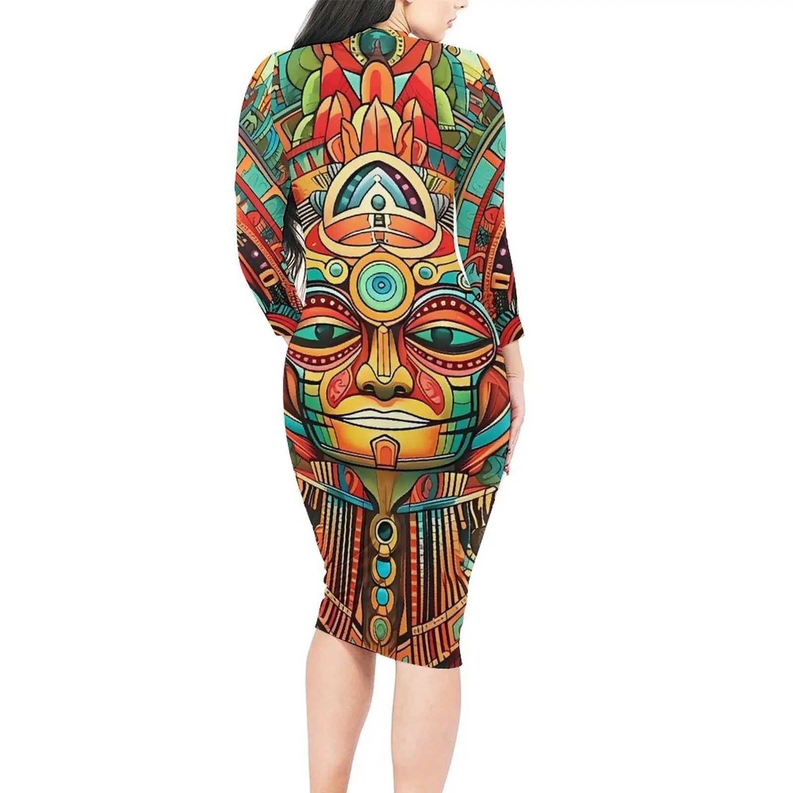 Abstract Aztec Art Bodycon Dress Autumn  Club Dresses Female Long Sleeve Design Aesthetic Dress Large Size 5XL 6XL