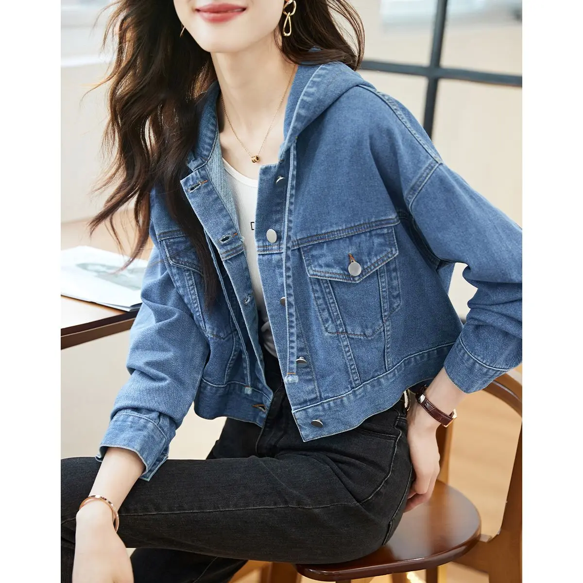 

Women Autumn Jacket Vintage Hooded Denim Jacket Fashion New Jean Coats Long Sleeve Crop Top Streetwear Y2k Women's Clothing