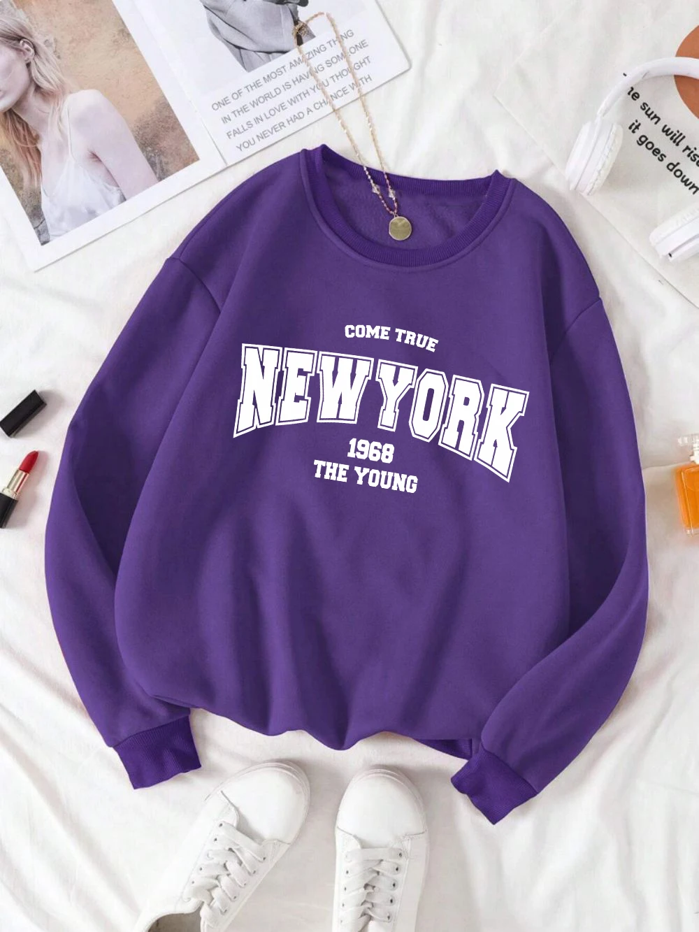 Cartoons Women Hoodie New York 1968 Letter Printing Sweatshirt Soft Breathable Loose Crewneck Pullover Fashion Female Clothing