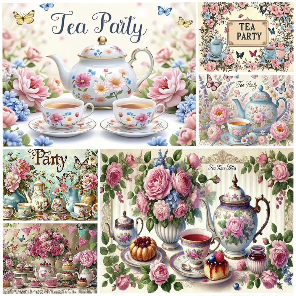 

Tea Party Background Decoration Floral Teapots Cupcakes Backdrop Elegant Socialite Girl Birthday Party Supplies Photography Prop