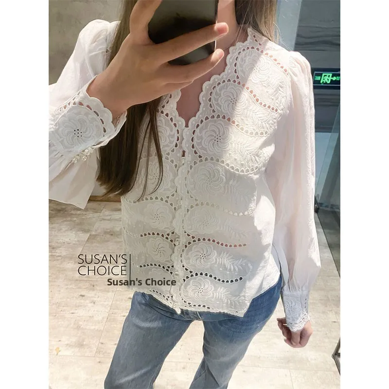 

Susan French Sle Женский топ с вышивкой Long Sve V-Ne irt прямого кроя из хлопка 00% весенний сезон