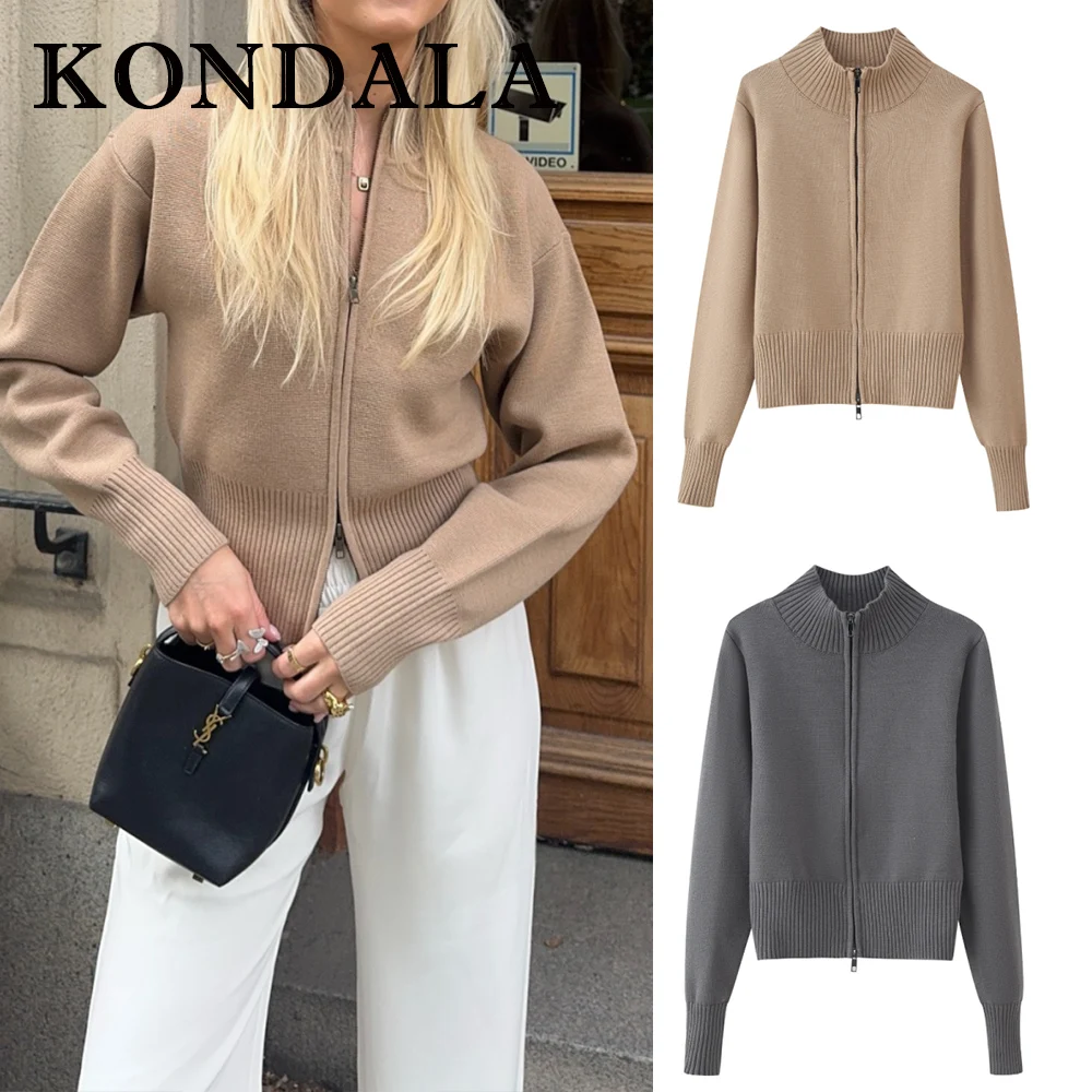 KONDALA Chic Khaki Zipper Streetwear Sheath Vintage Women Casual Knitted Sweater Elegant Fashion 2025 Female Elegant Cardigans