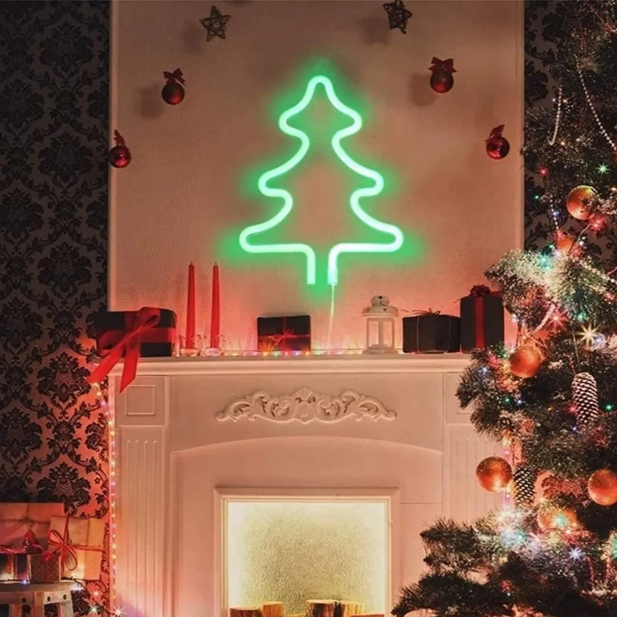 1 قطعة شجرة عيد الميلاد النيون ضوء مع الأيائل وعيد الميلاد جورب وشجرة عيد الميلاد للخارجية جارلاند حديقة النوافذ الستار ديكور