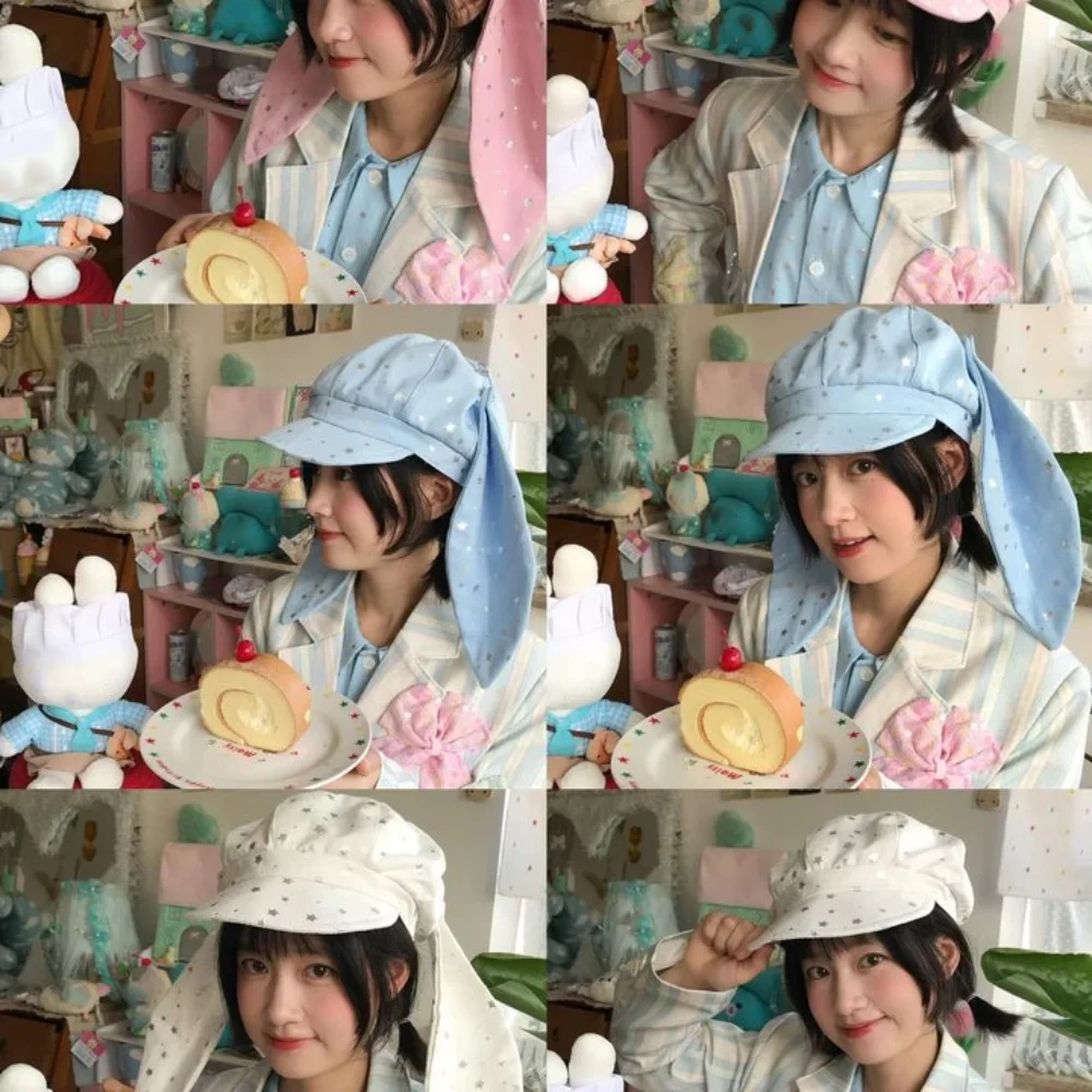

Cotton Silver Star Bowknot Cap Sunscreen Retro Detachable Rabbit Ears Hat Hip Hop Y2K Bunny Ears Berets Cap Girl