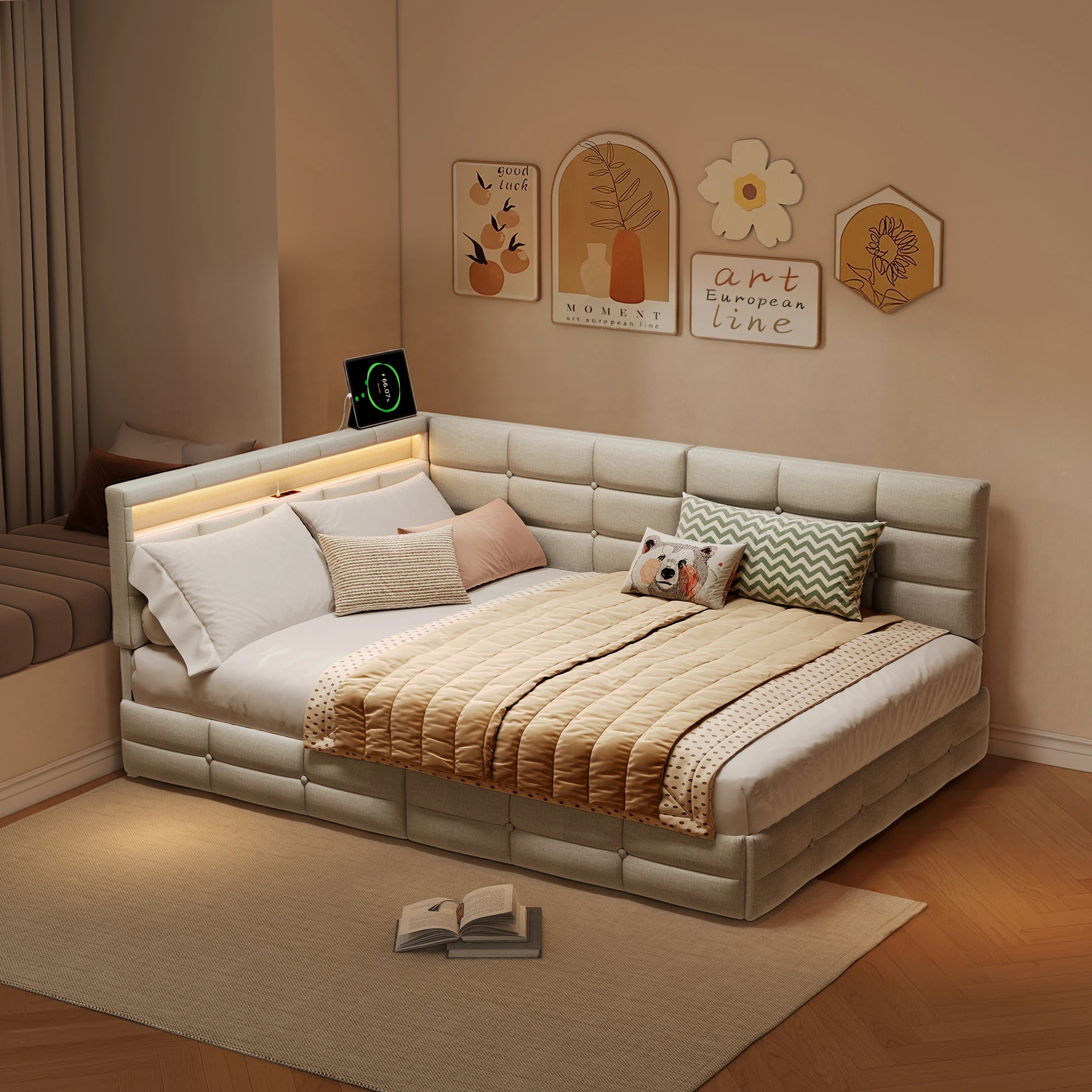 Rosahqnda L-förmiges gepolstertes Bettgestell, 90/140 x 200 cm, 140 x 190, mit USB-Ladeanschluss, LED, Schubladenaufbewahrung, Leinenstoff, Beige/Grau