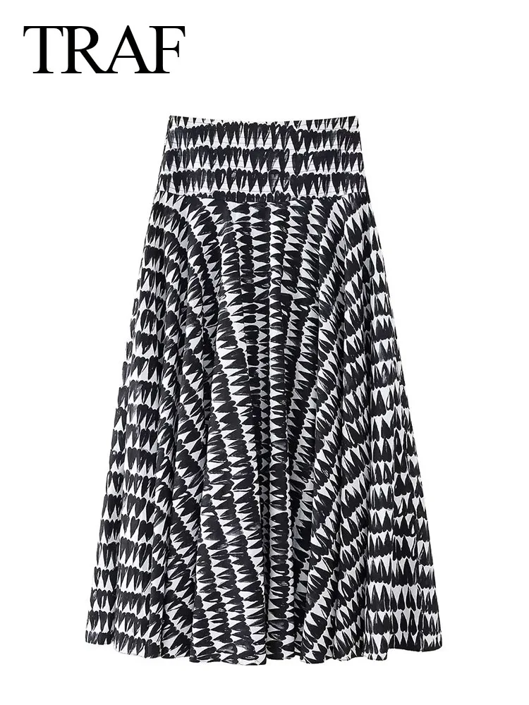 TRAF 2024 Woman Chic Print Skirt Elegant Vintage Casual Long Skirts Women's Side Zipper Low Waist Female Pleats Skirt Streetwear
