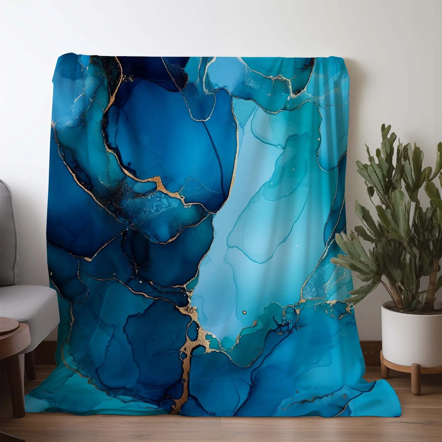 Luxurious Blue and Golden Marble Print Flannel Blanket – Soft, Cozy, All-Season Throw for Sofa, Bed, Car, Office, Camping, and T